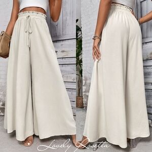 Cream Wide-Leg High Waist Pants